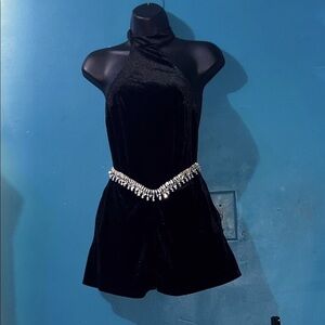 Elegant Black Velvet Halter Romper with Rhinestone Belt